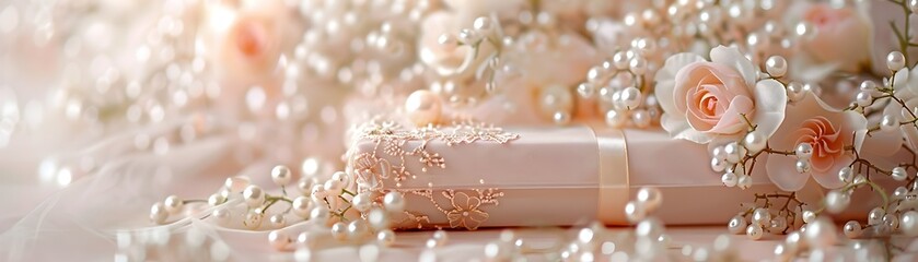 Elegant Wedding Gift Box with Lace and Pearls on Delicate Romantic Background