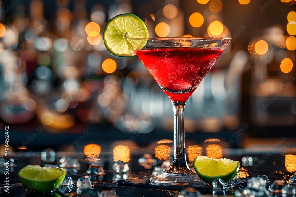 Poster refreshing cocktail delight with lime garnish and sparkling bokeh background