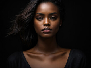 Fototapeta premium A portrait of an African American woman against a dark background, highlighting her unique features and identity, creating a strong contrast