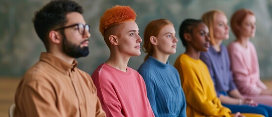 diverse group of young adults looking up in thoughtful contemplation, multiracial friends sitting together in a row, positive and hopeful expression,