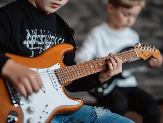 Obraz premium Two boys playing electric guitar, showcasing their musical talent in a relaxed setting.