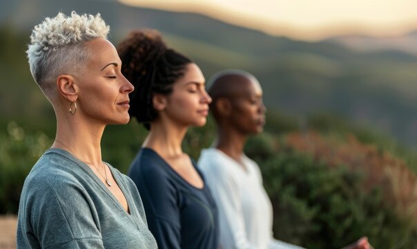 diverse group of women meditating in nature at sunset, finding inner peace and harmony in a serene outdoor setting.
