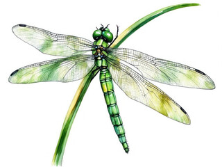A watercolor dragonfly in bright green with subtle gradients, floating against a backdrop of subtle splashes of color and light