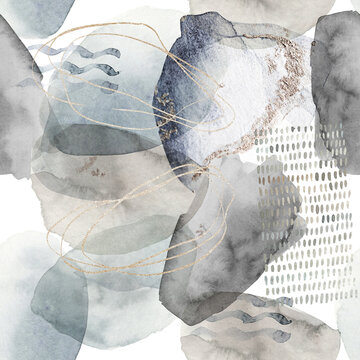 Fototapeta Abstract  print with golden shapes,  geometric elements on white background. Watercolor seamless pattern. Hand drawn abstraction illustration. Mixed media art