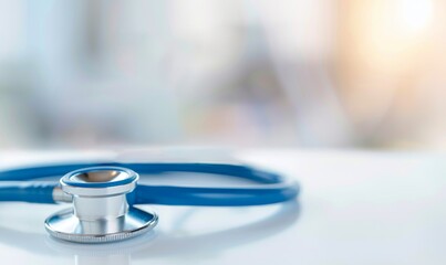 close-up of a blue medical stethoscope on a white surface with blurrwindow background - healthcare, medical, doctor, hospital, clinic, health, examina