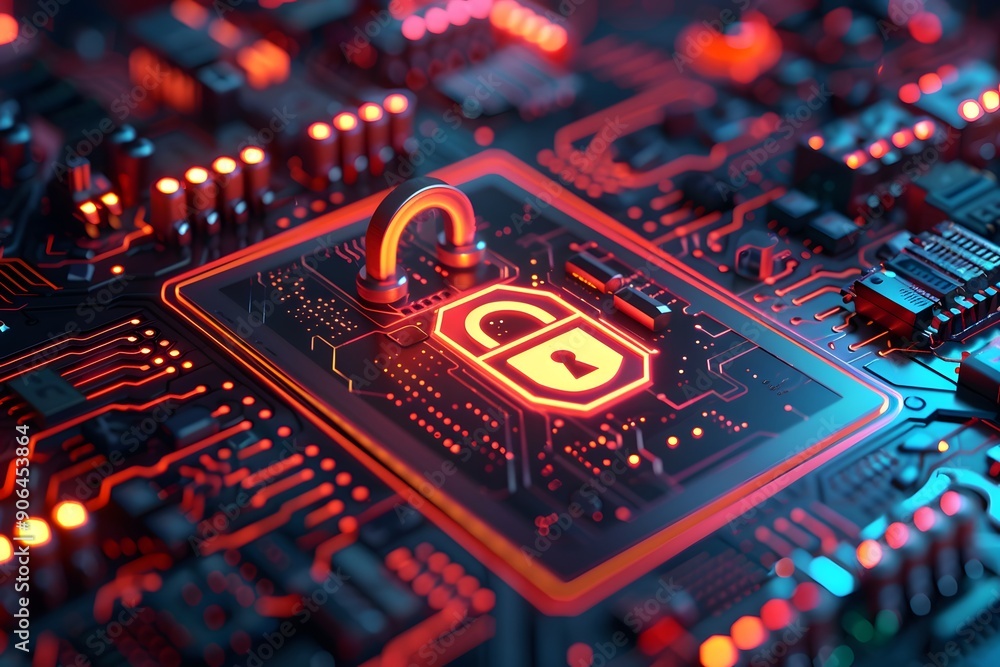 Poster futuristic cybersecurity concept with lock symbol on circuit board