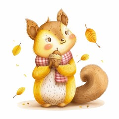 adorable cartoon squirrel wearing a rand white scarf holding an acorn with falling autumn leaves illustration.