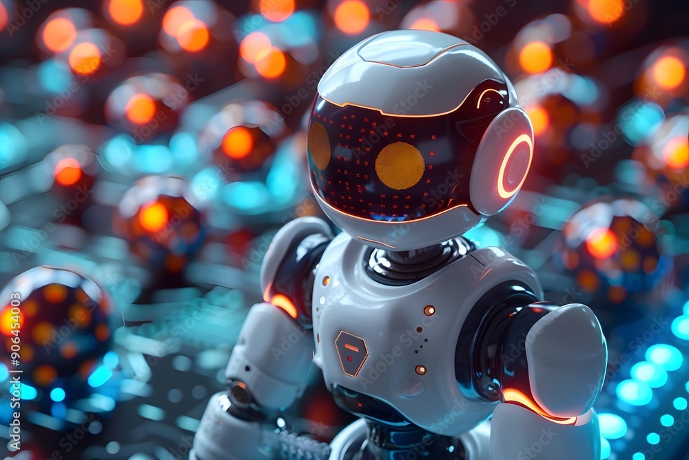 Poster futuristic robot surrounded by glowing orbs in a high-tech environment