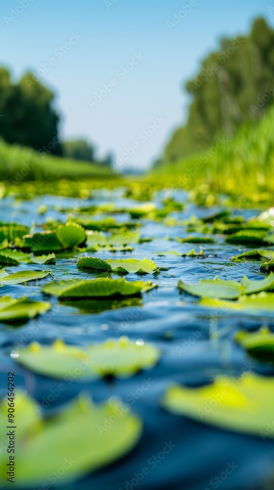 Poster tranquil waterway lily pads floating on calm river with lush green trees in background - nature grap