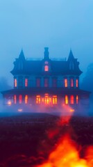 mysterious victorian mansion with glowing windows and rflames in foggy night atmosphere