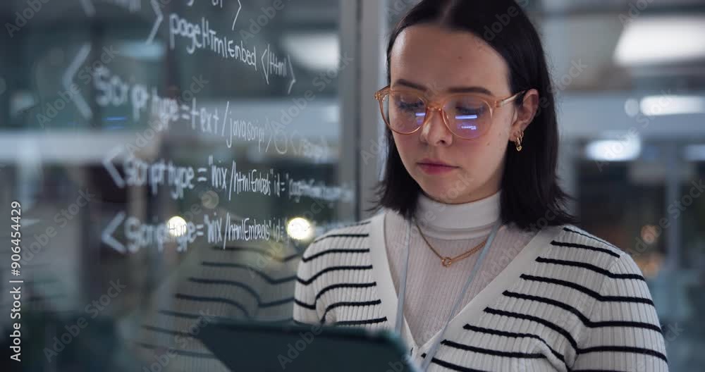 Aufkleber Woman, tablet and coding for solution in office with equation on glass, programming languages and data information. Programmer, digital and software development, safety research and server update