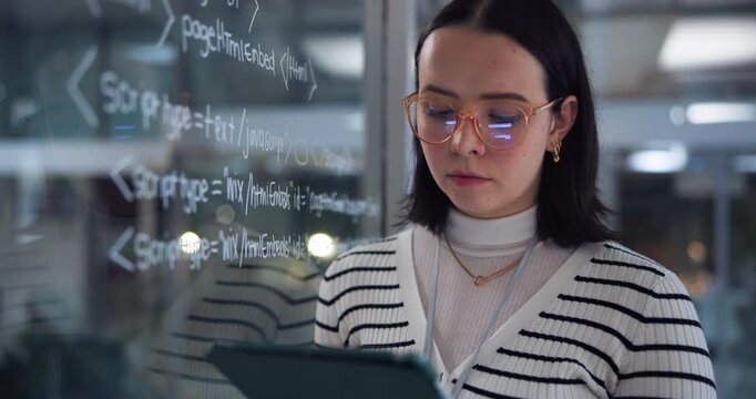 Woman, tablet and coding for solution in office with equation on glass, programming languages and data information. Programmer, digital and software development, safety research and server update