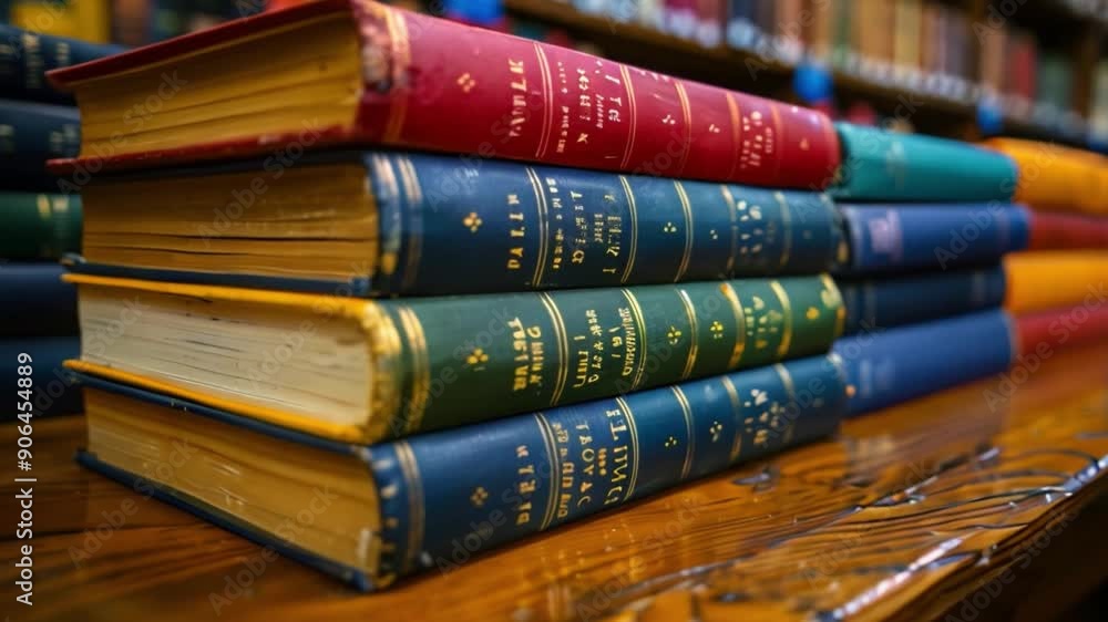 Aufkleber a stack of study guides and textbooks sits on a wooden shelf in a library, with other books visible 
