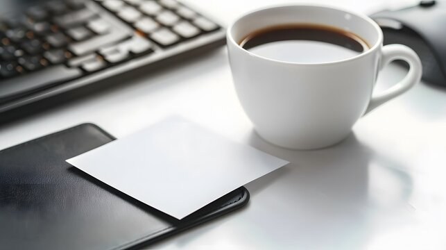 Close-up of a white sticky note on an office desk with a cup of coffee and computer keyboard