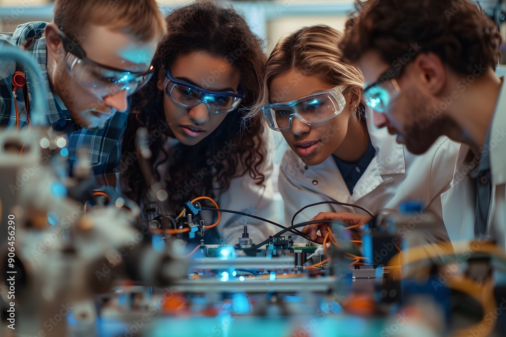 Poster engaged students collaborating on a high-tech project in a laboratory setting