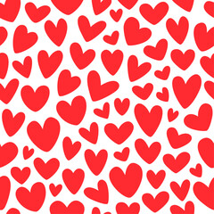 Seamless background of red hearts, stylized hearts of different shapes on a white background. Hearts for Valentine's Day. Vector illustration. Love and wedding symbols. Endless background of hearts