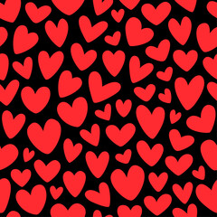Seamless background of red hearts, stylized hearts of different shapes on a black background. Hearts for Valentine's Day. Vector illustration. Love and wedding symbols. Endless background of hearts