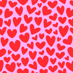 Seamless background of red hearts, stylized hearts of different shapes on a pink background. Hearts for Valentine's Day. Vector illustration. Love and wedding symbols. Endless background of hearts