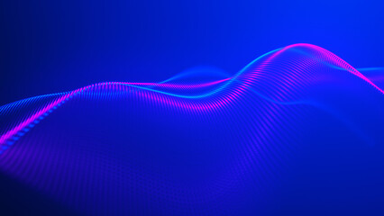 Futuristic dot wave. Abstract digital particle wave. Technology background. Colored musical wave. Dark background. Digital background with smooth, wavy curves. 3D rendering