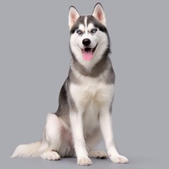 Happy Siberian Husky Dog Sitting on Grey Background