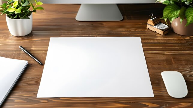 Blank white note paper on a modern office desk, surrounded by stationery and a computer mouse