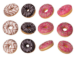Donuts with pink and chocolate glaze set isolated on white background