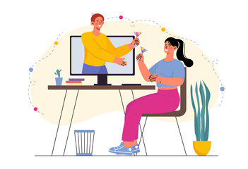 Couple with online meeting. Man and woman communicate on social networks via video call. Romantic date on internet. Remote party. Flat vector illustration