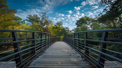 A wooden bridge with a metal railing leading into a green forest under a bright blue sky
