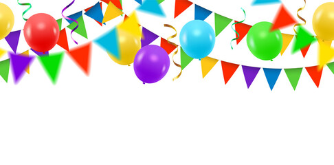 Vector party decoration realistic border, colorful garlands, baloons and streamers in seamless pattern
