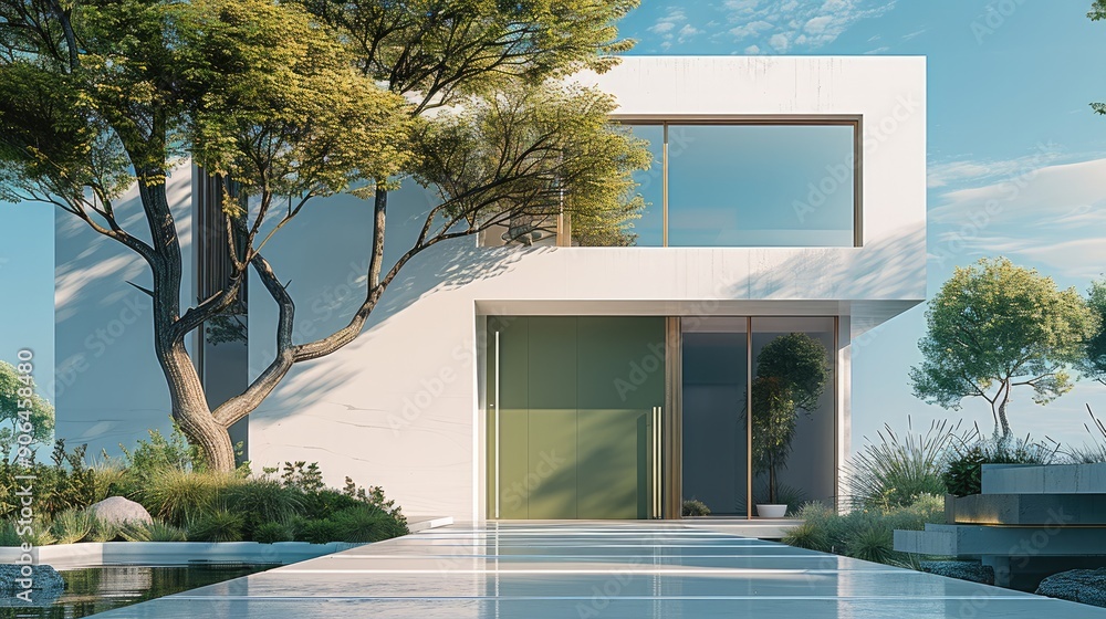 Poster Modern house residence architecture. front door view. with green window and door. in calm residence. bright blue sky with trees. natural light. front view. Generative AI.