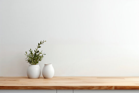 Wooden countertop with plant in white vases on white wall background with copy space