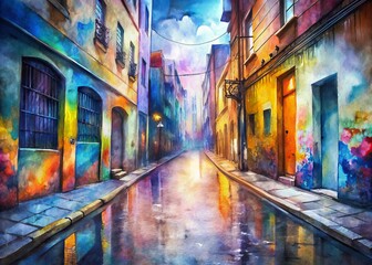 Fototapeta premium Vibrant street art and graffiti transform a gritty, urban alleyway into a dynamic canvas, reflecting the rebellious essence of the city's unbridled creative energy.
