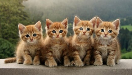 Four ginger kittens sitting in a row with a blurry green landscape in the background.
