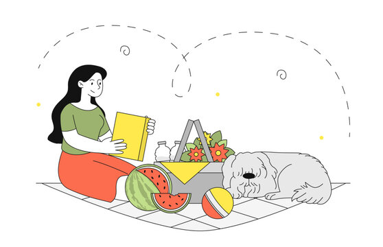recommend clip art: Woman picnic with dog. Young girl with pet eating food in nature. Lunch and breakfast in park. Young girl with watermelon and water. Linear vector illustration