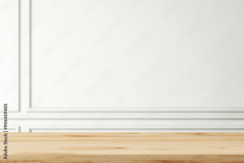 Poster Empty wooden tabletop on a white wall background with copy space, perfect for displaying your product or design