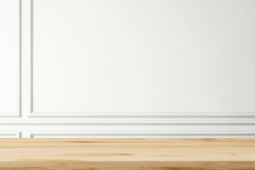 Naklejka premium Empty wooden tabletop on a white wall background with copy space, perfect for displaying your product or design
