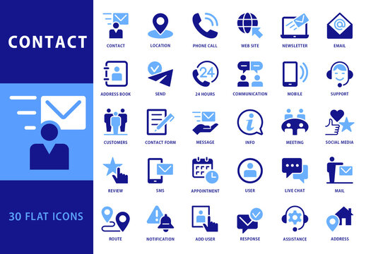 Contact Us 30 Blue Dual Color Flat Icons Set