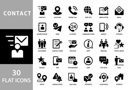 Contact Us 30 Black and White Flat Icons Set