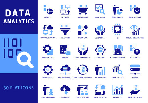 Data Analytics 30 Blue Dual Color Flat Icons Set