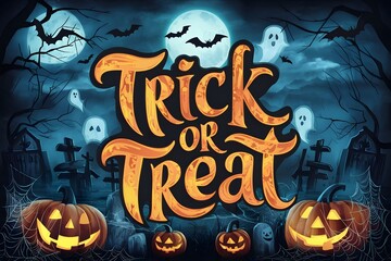 Trick or Treat lettering design on purple background. Violett Halloween Background. Pumpkins and Graveyard Vector. Bats and cobwebs.
