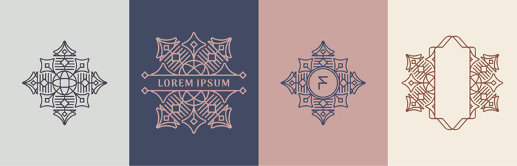 Luxury flowers and leaves logo design. Frames with copy space for text or letter. Abstract vector based creative line style template.