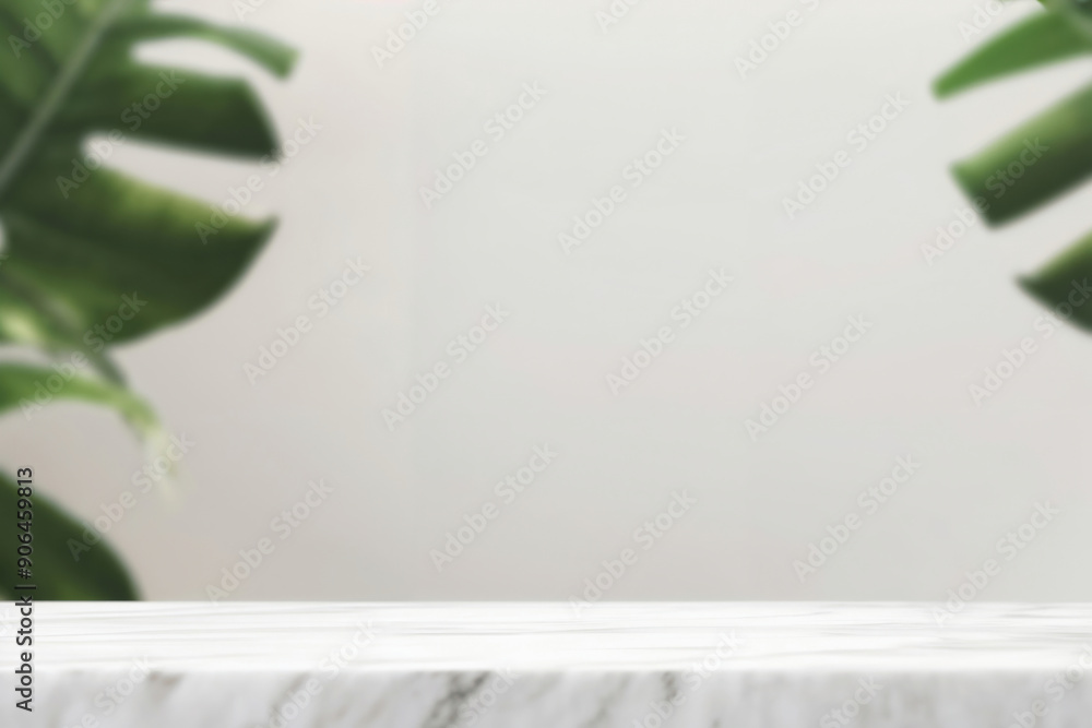 Poster empty marble table top with blurred monstera leaves background