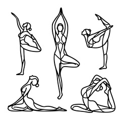 Vector illustration, Line art of yoga poses, simple line style, elegant and sophisticated silhouettes, black outlines on a white background
