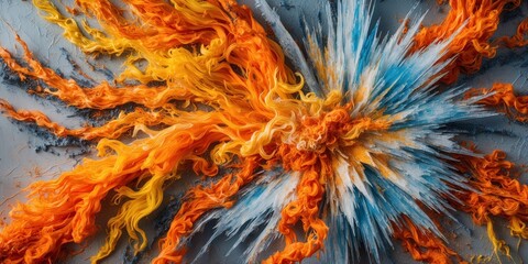 Fototapeta premium Vibrant orange and blue fibers radiate outward on a gray surface
