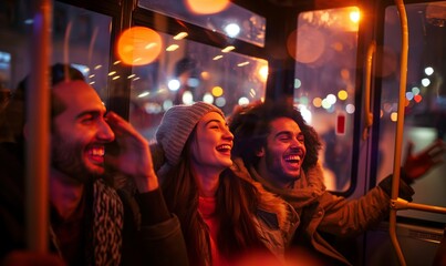 group of friends laughing and enjoying themselves on a bus with city lights at night, celebrating New Year's Eve with warm winter attire and cheerful atmosphere