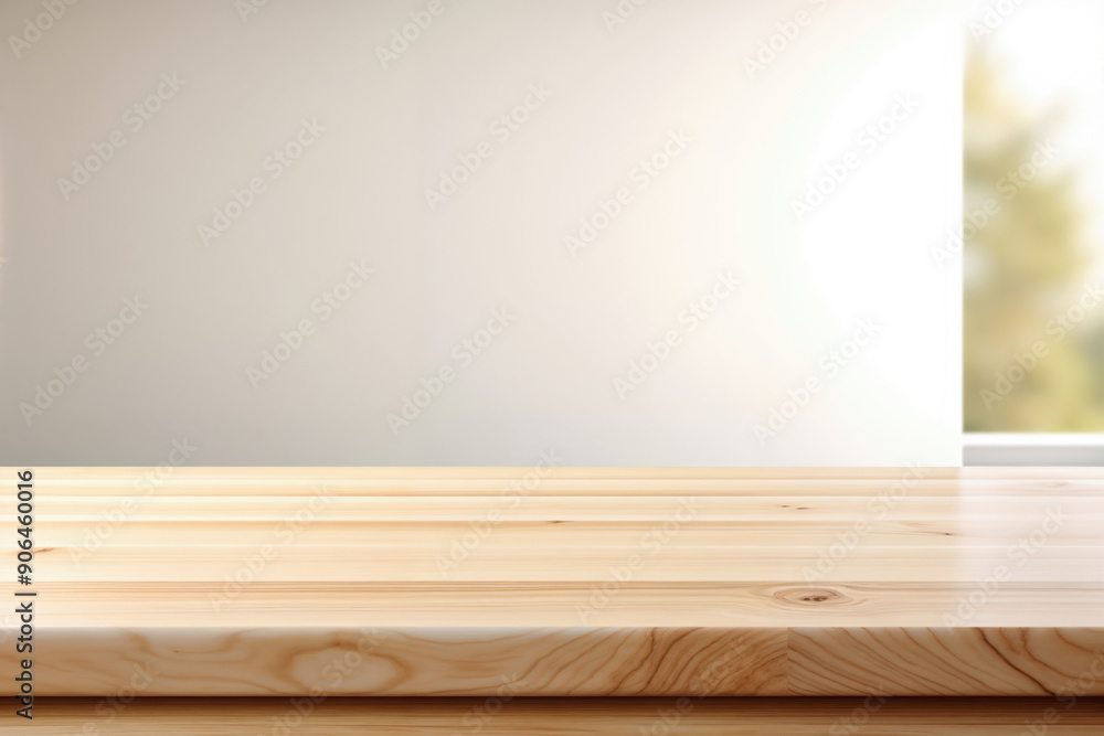 Poster empty wooden tabletop with blurred white wall and window background