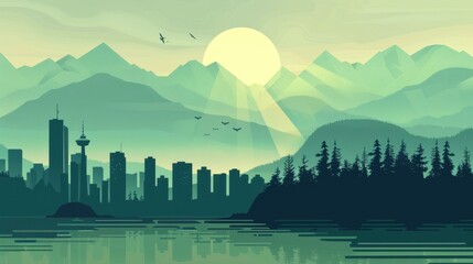 Fototapeta premium Minimalism illustration, silhouette of the Vancouver cityscape with Stanley Park and coastal mountains, flat illustration on light green background, empty copy space, lofi style illustration 