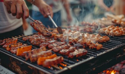 grilling various meats including chicken and sausage on sticks over an outdoor grill during the day, with juicy Hawaiian food and warm sunlight illuminating the scene