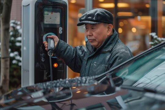Senior man charges electric car in winter snow. AI-generated