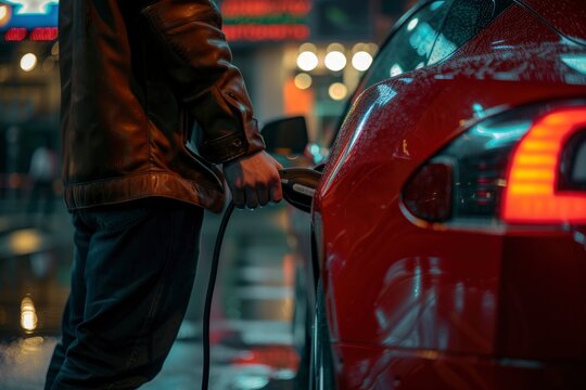 Charging red electric car at night station. AI-generated